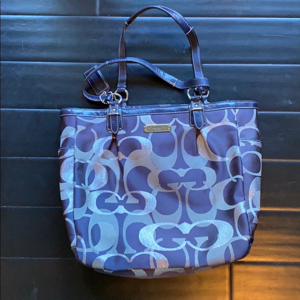 Coach Metallic Navy, medium tote, EUC